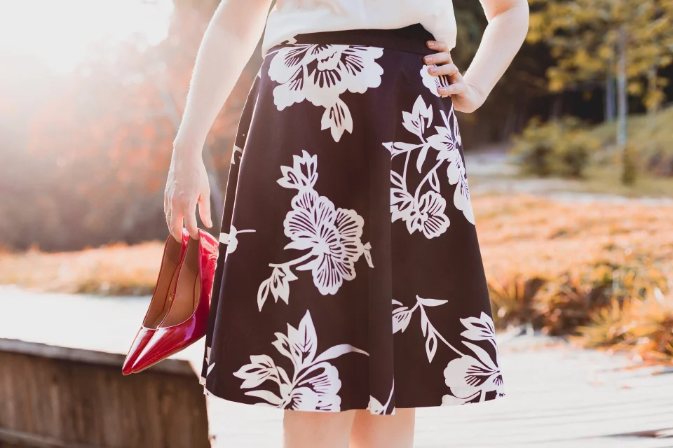 Black midi skirt with white flowers